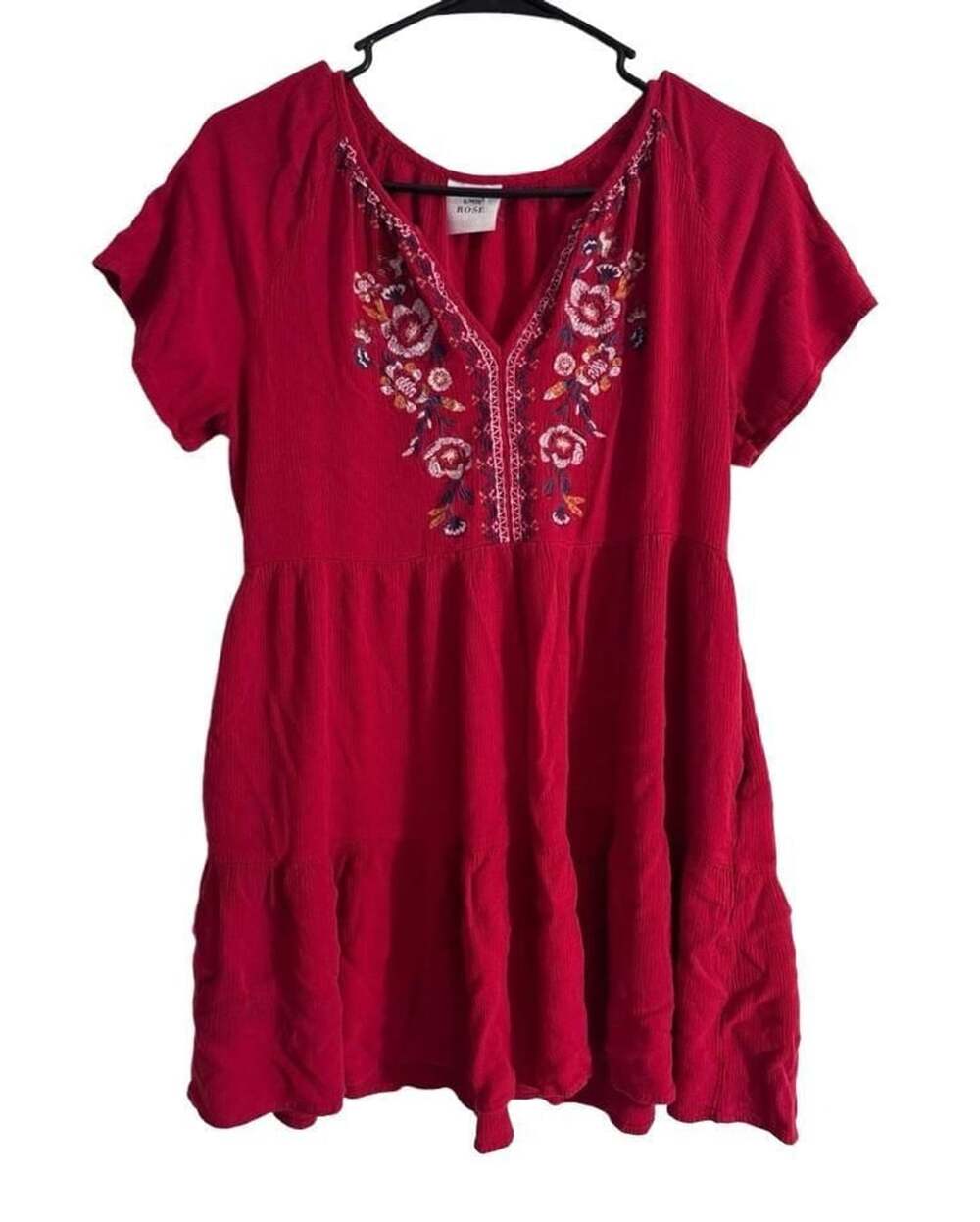 Knox Rose Women's Floral Embroidered Red Tiered Mini Dress